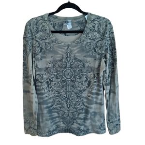 🛍3/$15 Western | Cross Bedazzled | Black and Taupe | Long sleeve Tunic Blouse